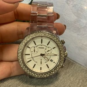 FOSSIL Watch with Crystal Clear Band and round face   GREAT CONDITION